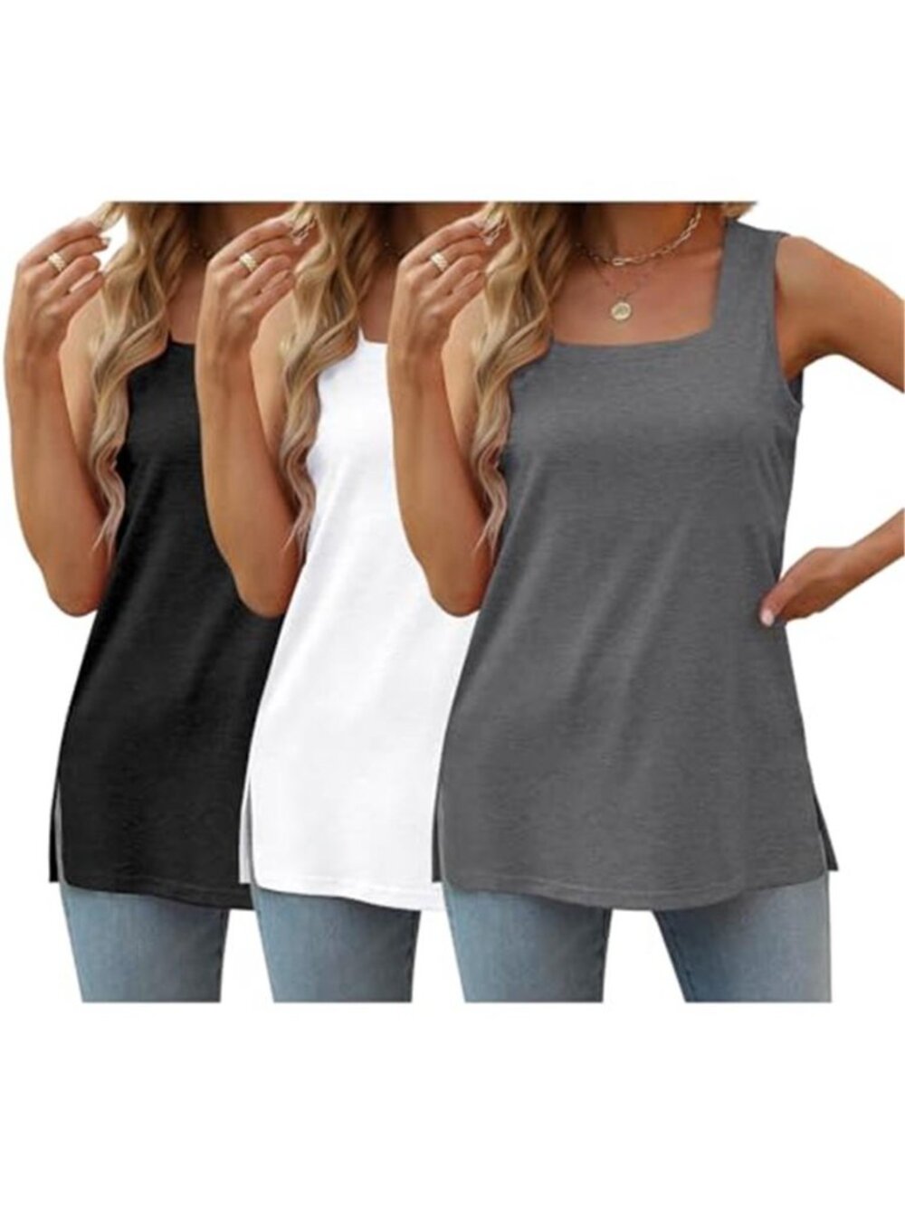 Womens Square Neck Tank Top Sleeveless Summer Blouse Casual Flowy Shirt 3 Pack